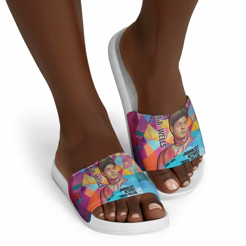 Ida B. Wells Slide Sandals with Colorful Patchwork Pattern Design Confident Portrait Civil Rights and Journalism Tribute - Wonder Print Shop