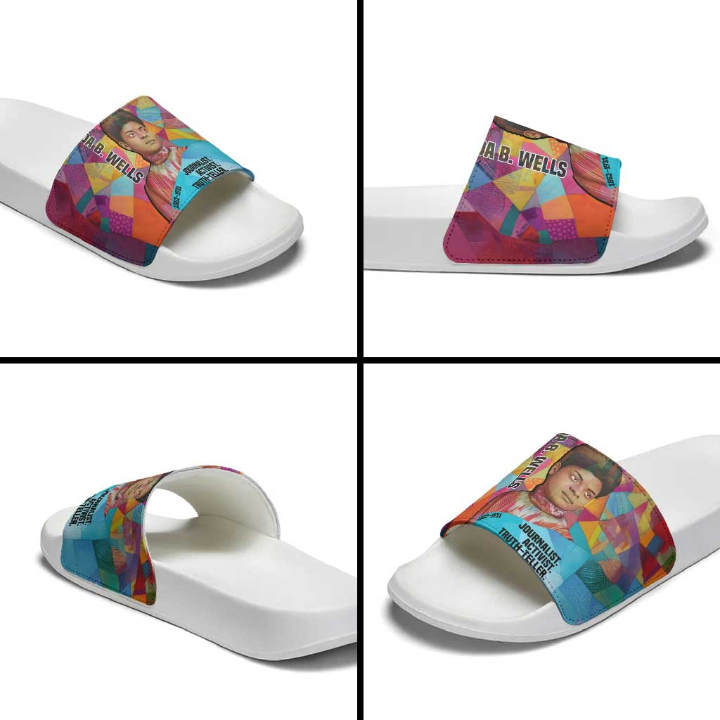 Ida B. Wells Slide Sandals with Colorful Patchwork Pattern Design Confident Portrait Civil Rights and Journalism Tribute - Wonder Print Shop