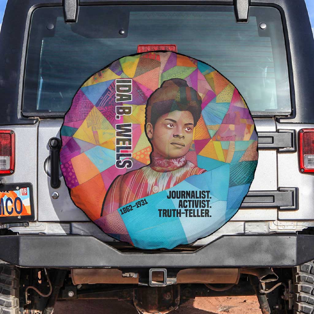 Ida B. Wells Spare Tire Cover with Colorful Patchwork Pattern Design Confident Portrait Civil Rights and Journalism Tribute - Wonder Print Shop