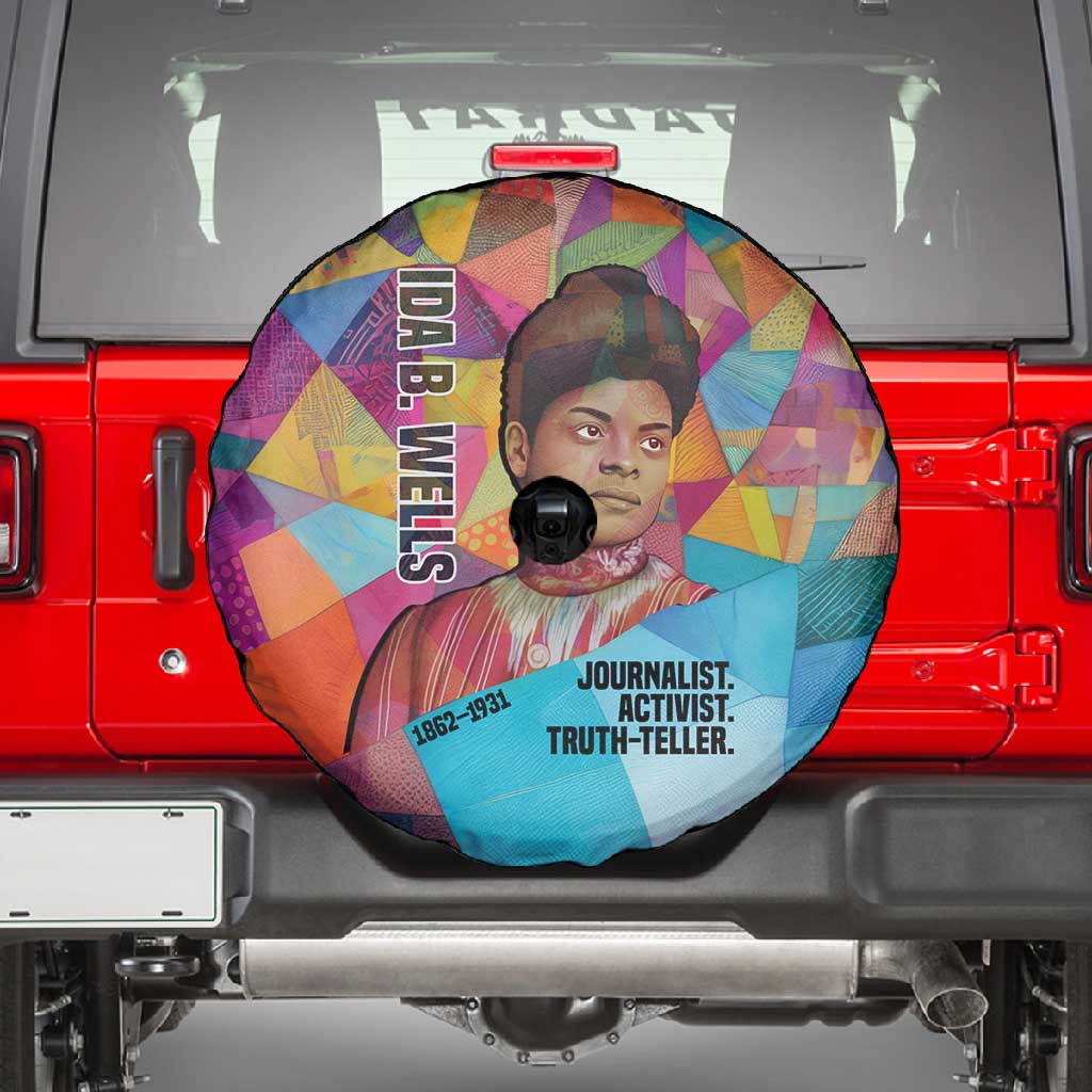 Ida B. Wells Spare Tire Cover with Colorful Patchwork Pattern Design Confident Portrait Civil Rights and Journalism Tribute - Wonder Print Shop