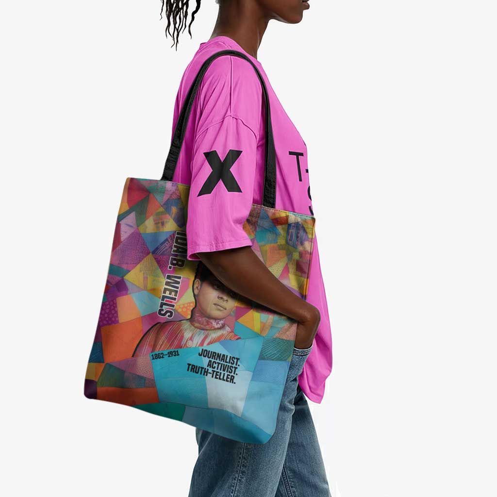 Ida B. Wells Tote Bag with Colorful Patchwork Pattern Design Confident Portrait Civil Rights and Journalism Tribute - Wonder Print Shop