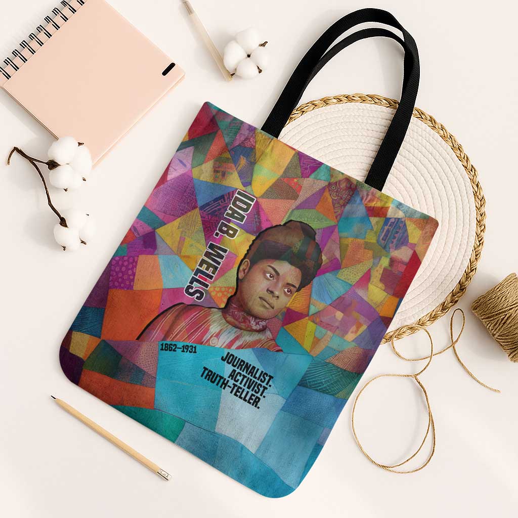 Ida B. Wells Tote Bag with Colorful Patchwork Pattern Design Confident Portrait Civil Rights and Journalism Tribute - Wonder Print Shop