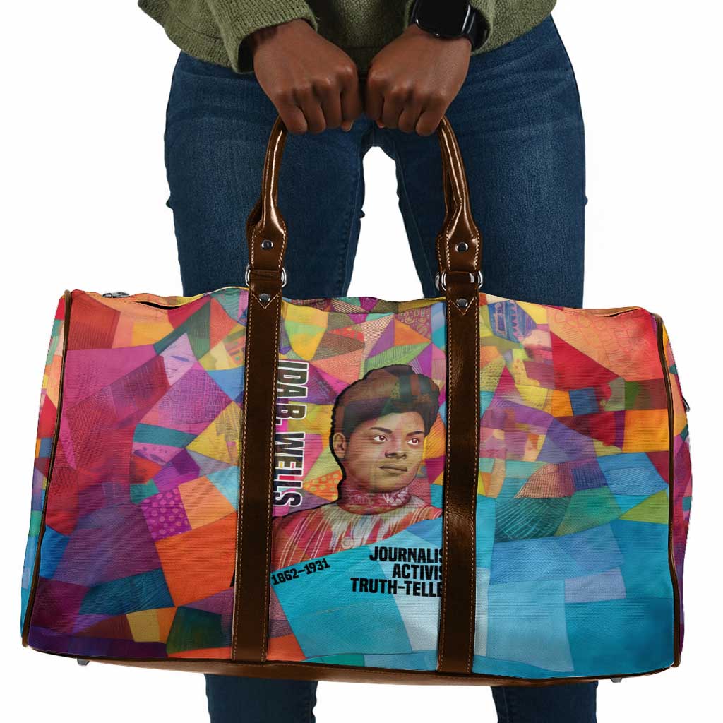 Ida B. Wells Travel Bag with Colorful Patchwork Pattern Design Confident Portrait Civil Rights and Journalism Tribute - Wonder Print Shop