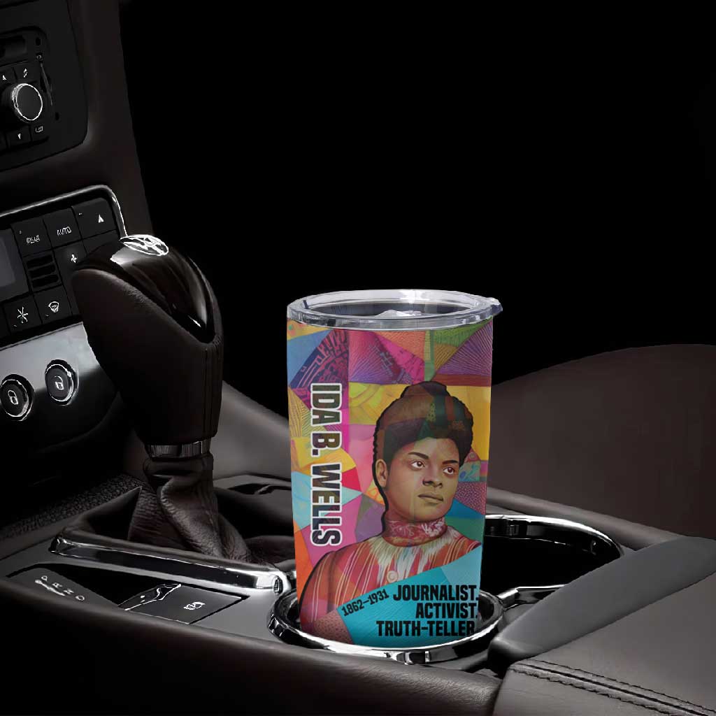 Ida B. Wells Tumbler Cup with Colorful Patchwork Pattern Design Confident Portrait Civil Rights and Journalism Tribute - Wonder Print Shop