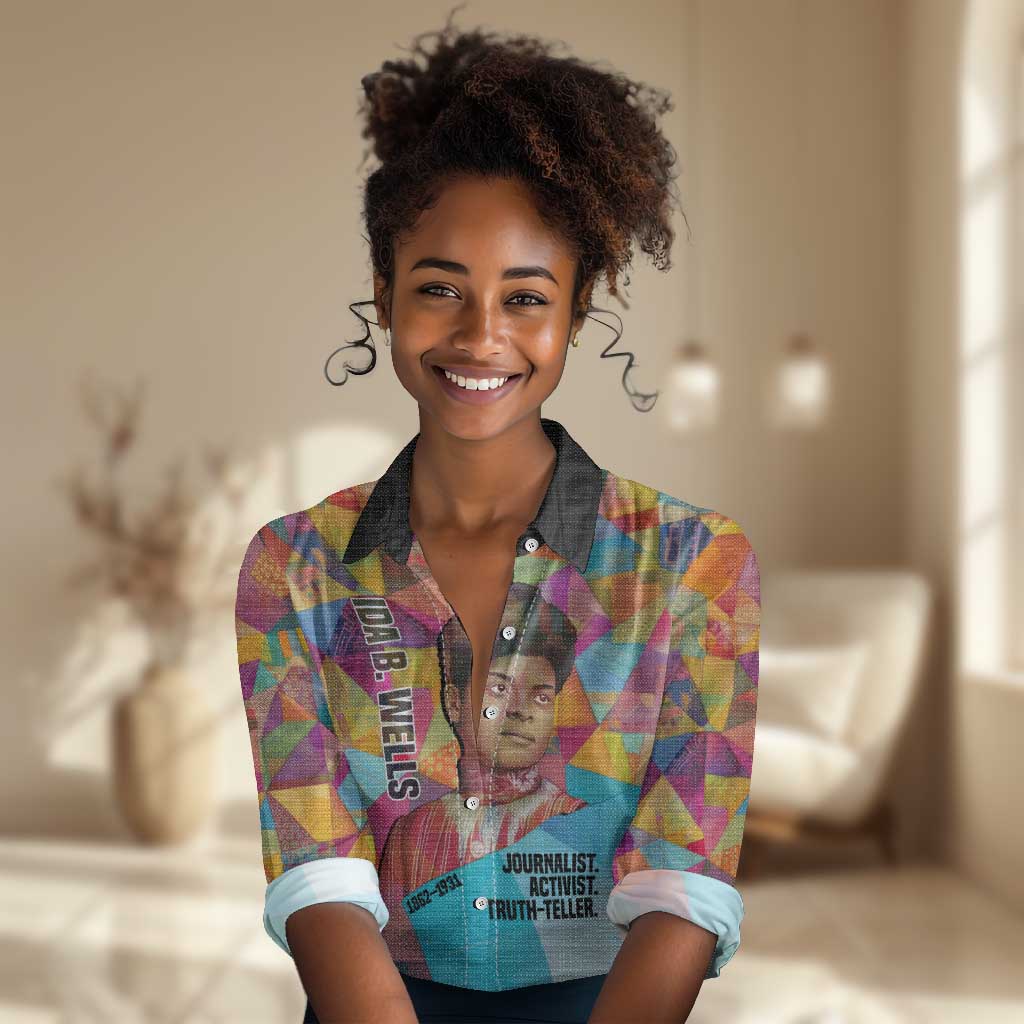 Ida B. Wells Women Casual Shirt with Colorful Patchwork Pattern Design Confident Portrait Civil Rights and Journalism Tribute - Wonder Print Shop