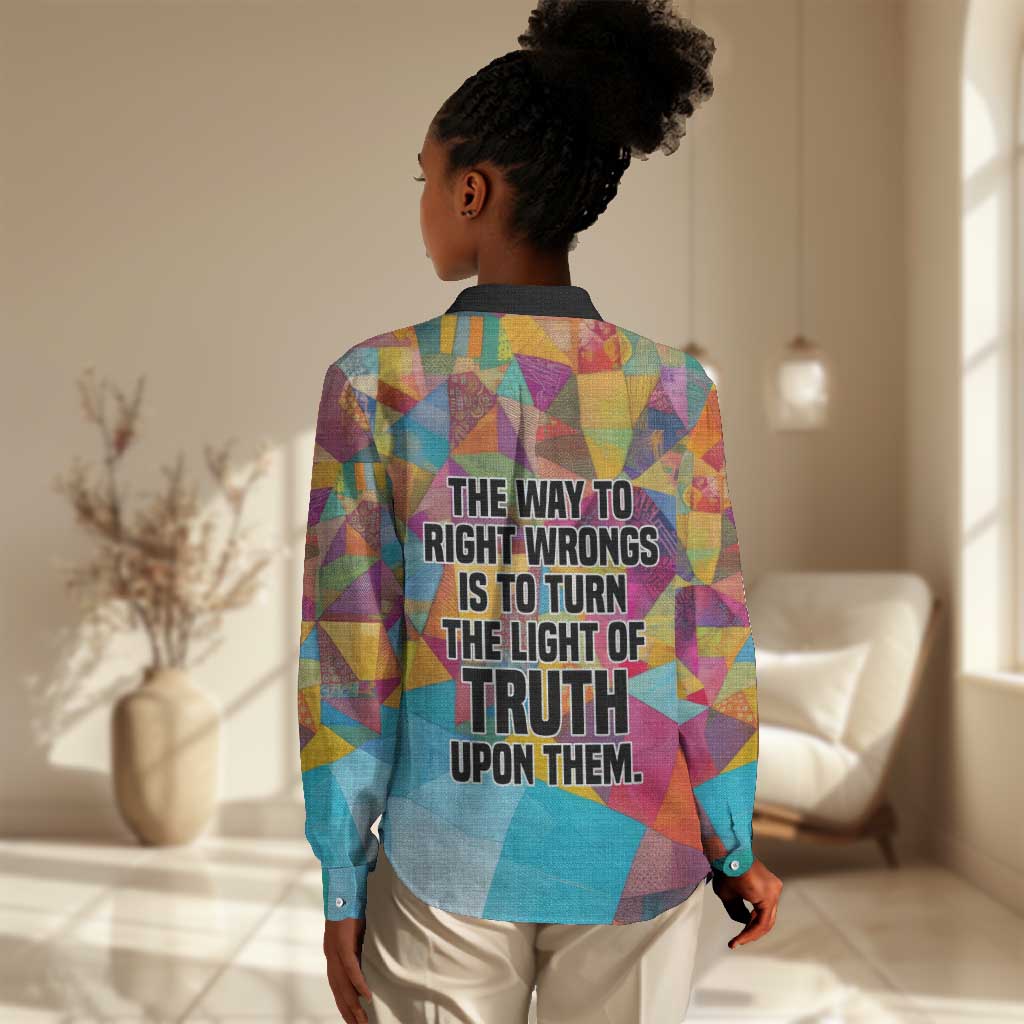 Ida B. Wells Women Casual Shirt with Colorful Patchwork Pattern Design Confident Portrait Civil Rights and Journalism Tribute - Wonder Print Shop