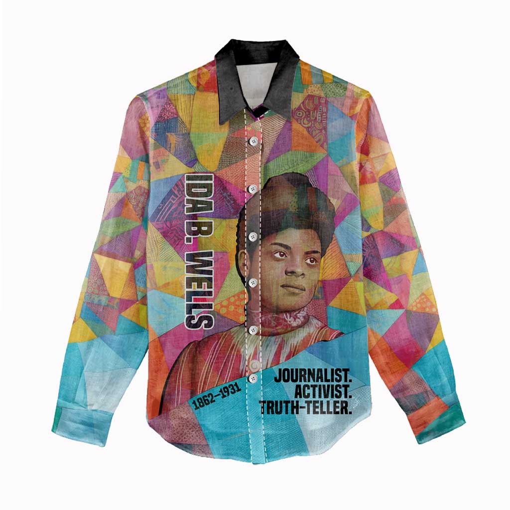Ida B. Wells Women Casual Shirt with Colorful Patchwork Pattern Design Confident Portrait Civil Rights and Journalism Tribute - Wonder Print Shop