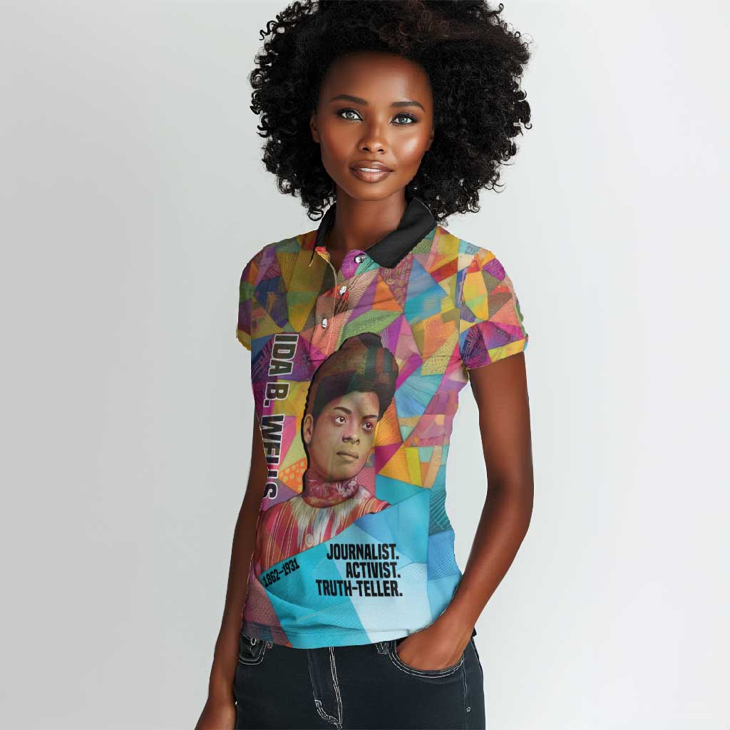 Ida B. Wells Women Polo Shirt with Colorful Patchwork Pattern Design Confident Portrait Civil Rights and Journalism Tribute - Wonder Print Shop
