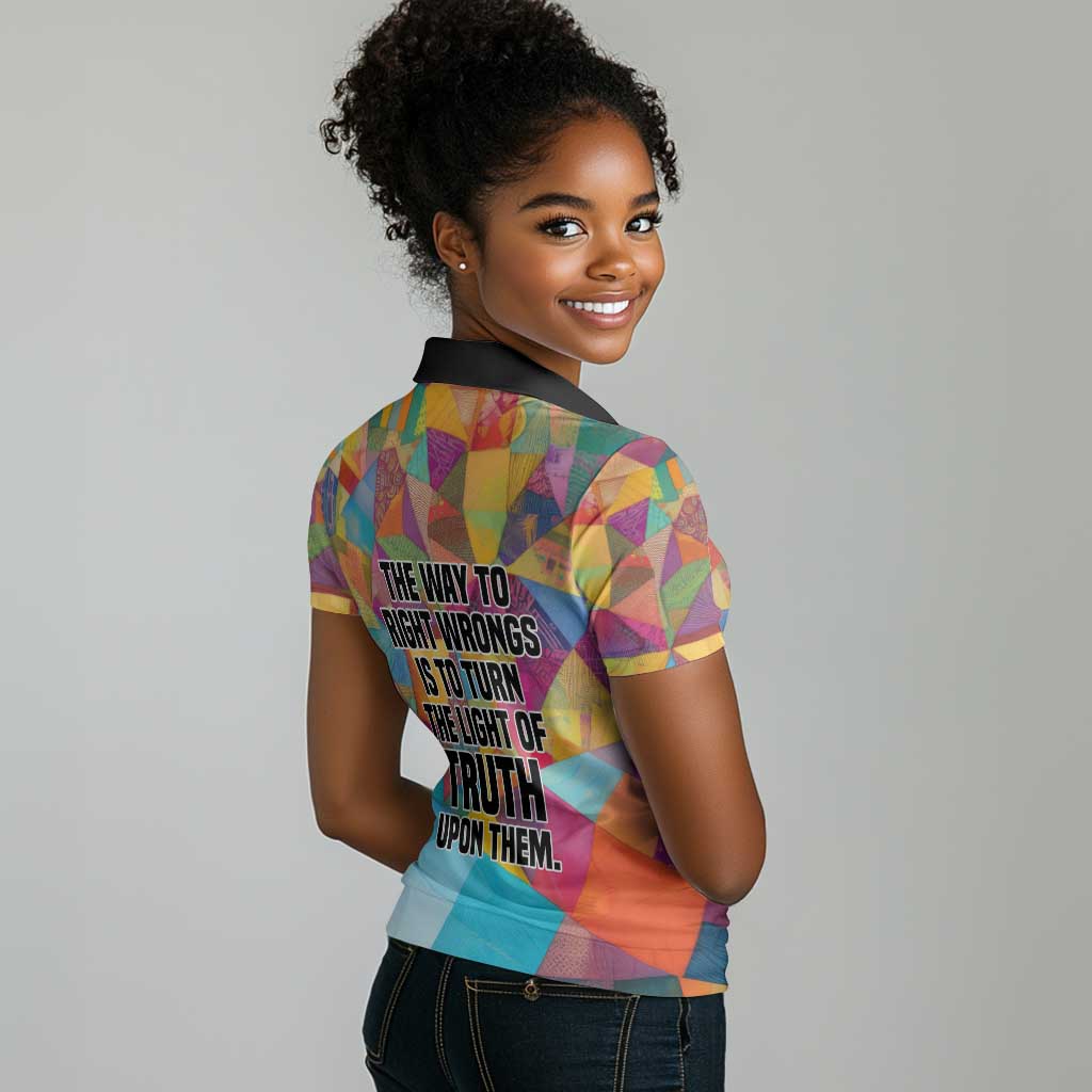 Ida B. Wells Women Polo Shirt with Colorful Patchwork Pattern Design Confident Portrait Civil Rights and Journalism Tribute - Wonder Print Shop
