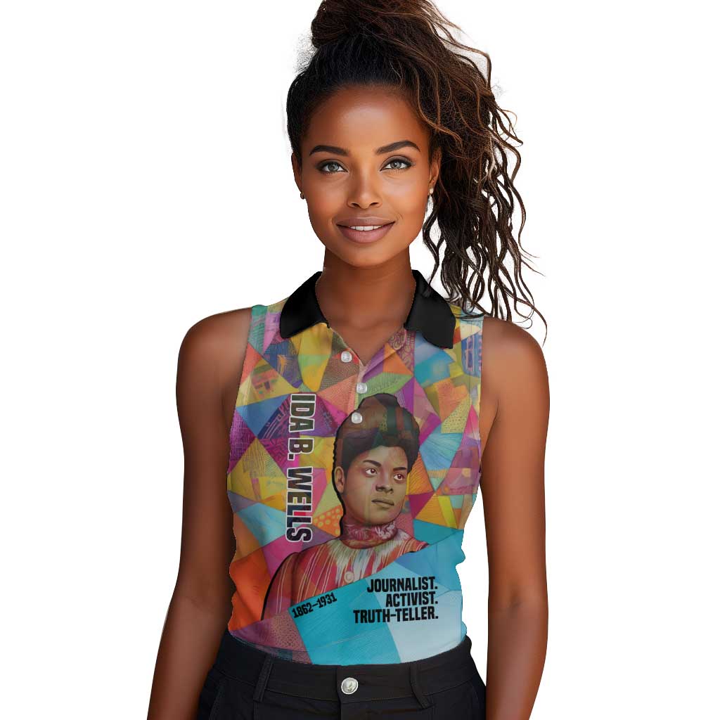 Ida B. Wells Women Sleeveless Polo Shirt with Colorful Patchwork Pattern Design Confident Portrait Civil Rights and Journalism Tribute - Wonder Print Shop