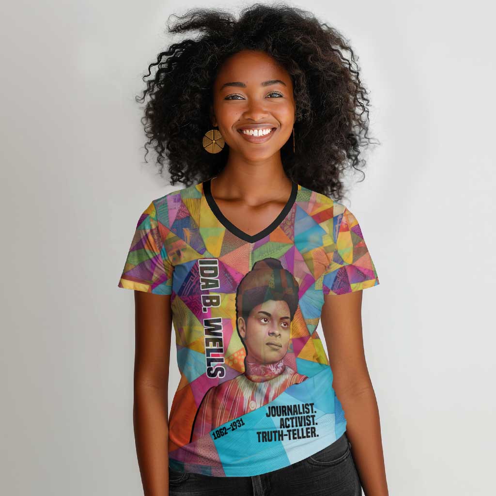 Ida B. Wells Women V-Neck T-Shirt with Colorful Patchwork Pattern Design Confident Portrait Civil Rights and Journalism Tribute - Wonder Print Shop