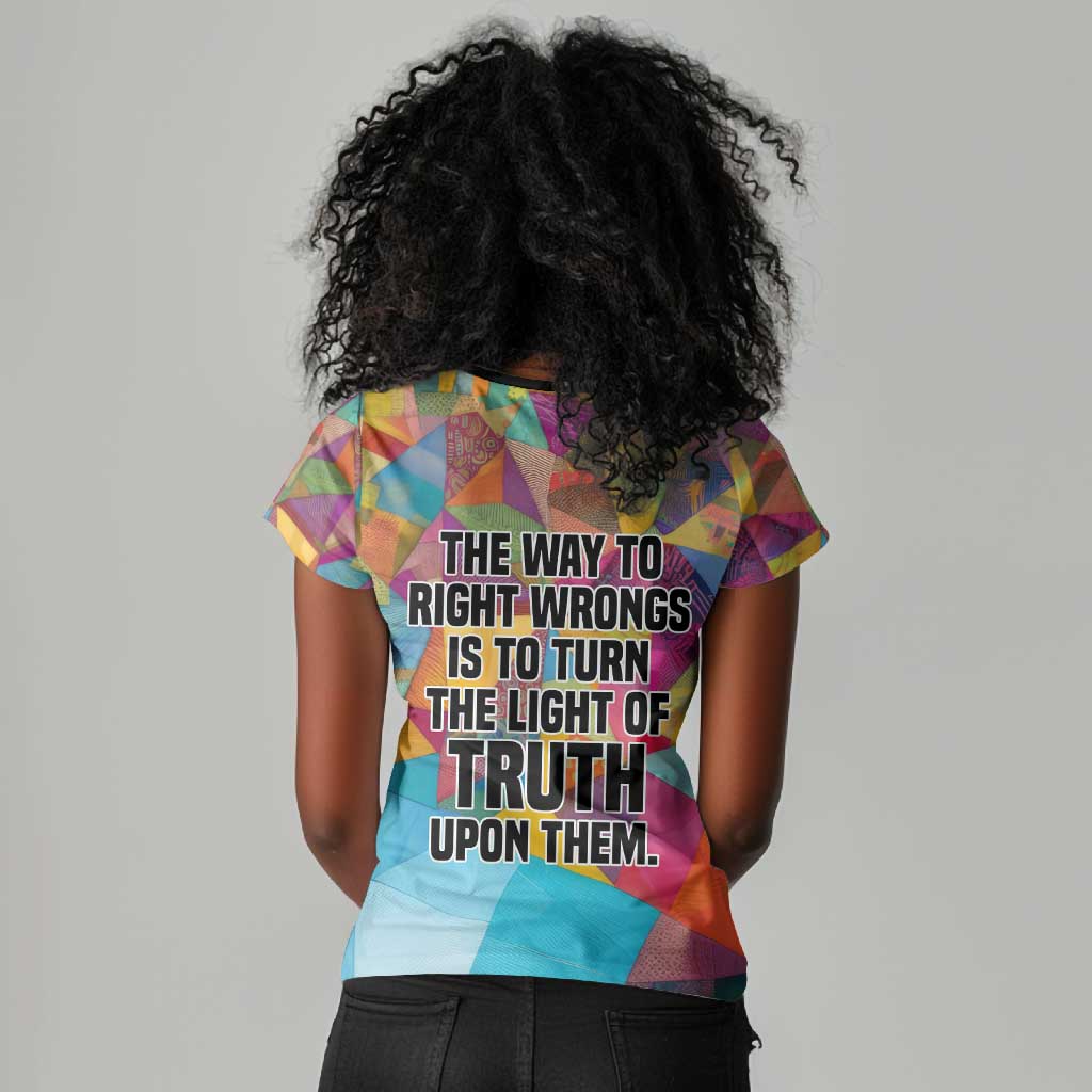 Ida B. Wells Women V-Neck T-Shirt with Colorful Patchwork Pattern Design Confident Portrait Civil Rights and Journalism Tribute - Wonder Print Shop