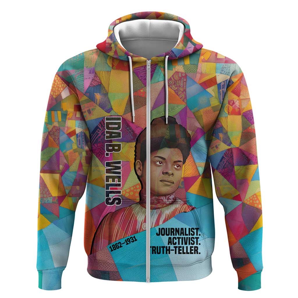 Ida B. Wells Zip Hoodie with Colorful Patchwork Pattern Design Confident Portrait Civil Rights and Journalism Tribute - Wonder Print Shop