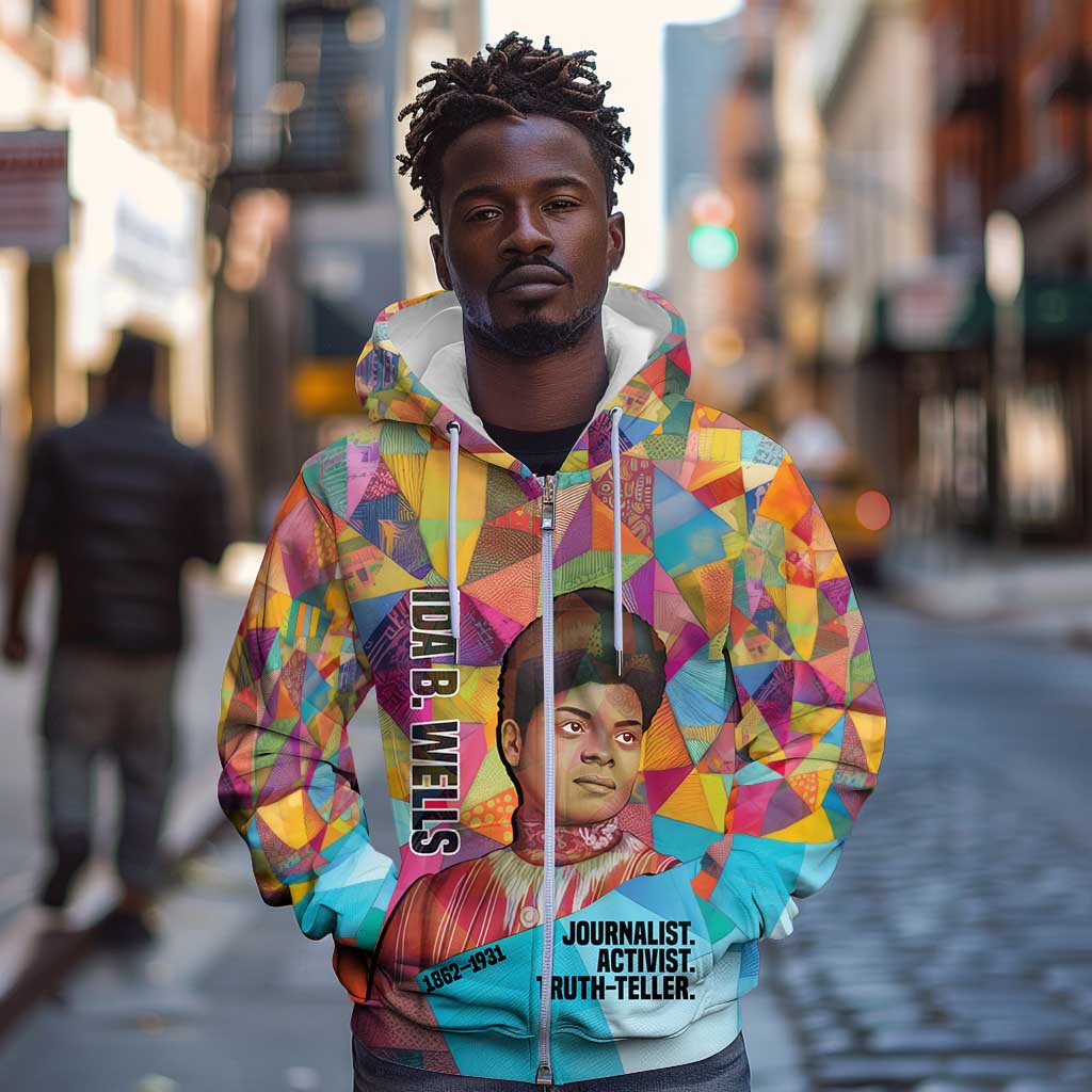 Ida B. Wells Zip Hoodie with Colorful Patchwork Pattern Design Confident Portrait Civil Rights and Journalism Tribute - Wonder Print Shop