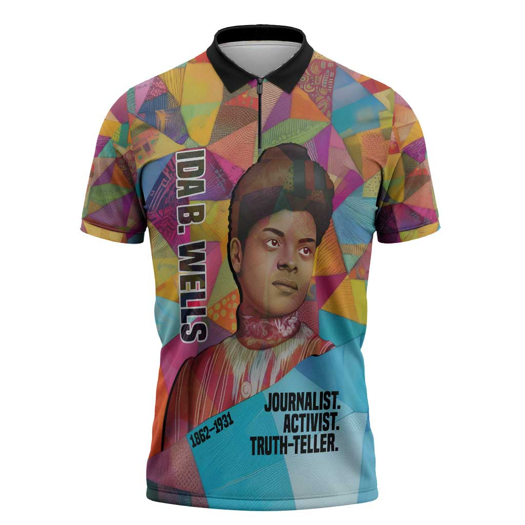 Ida B. Wells Zipper Polo Shirt with Colorful Patchwork Pattern Design Confident Portrait Civil Rights and Journalism Tribute - Wonder Print Shop