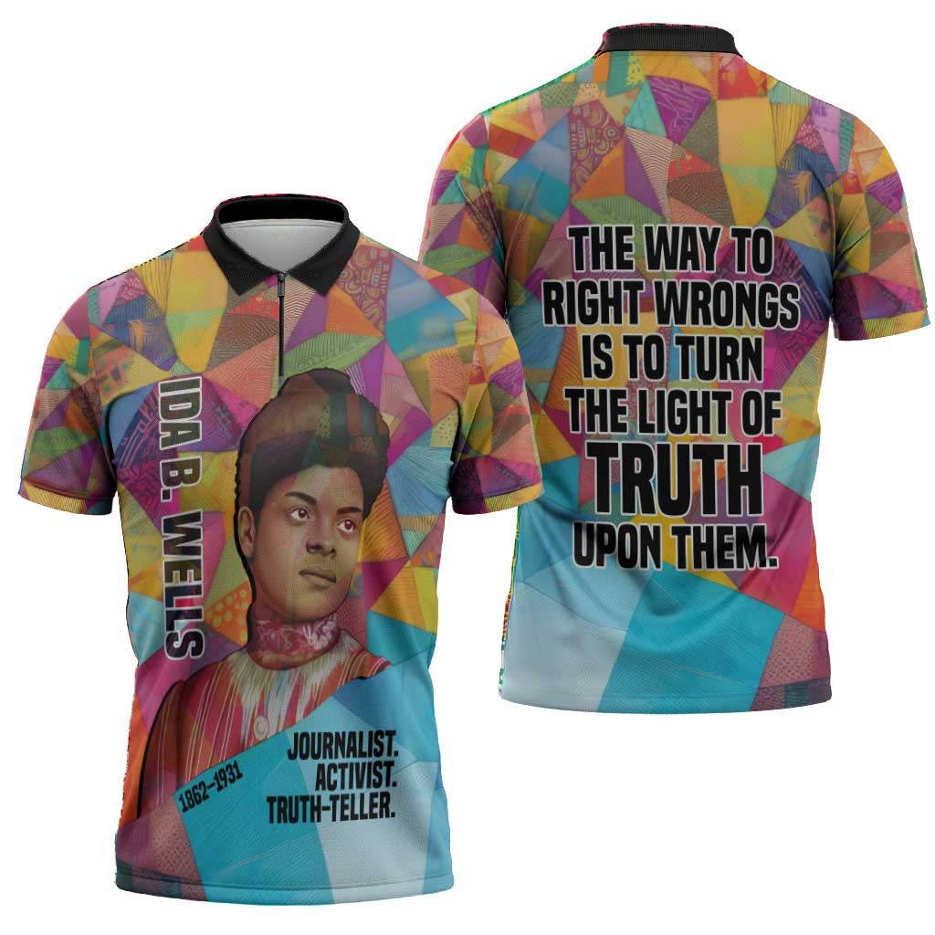 Ida B. Wells Zipper Polo Shirt with Colorful Patchwork Pattern Design Confident Portrait Civil Rights and Journalism Tribute - Wonder Print Shop