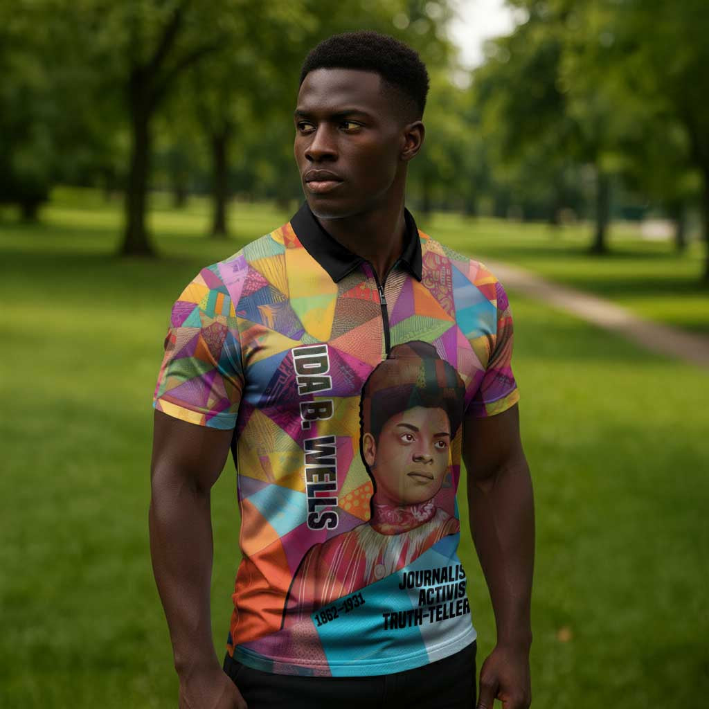 Ida B. Wells Zipper Polo Shirt with Colorful Patchwork Pattern Design Confident Portrait Civil Rights and Journalism Tribute - Wonder Print Shop