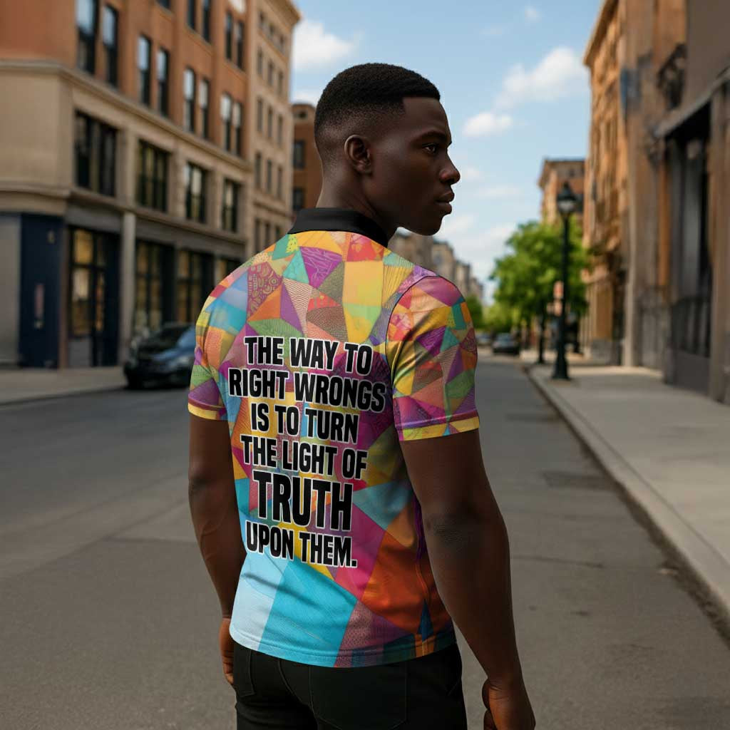 Ida B. Wells Zipper Polo Shirt with Colorful Patchwork Pattern Design Confident Portrait Civil Rights and Journalism Tribute - Wonder Print Shop