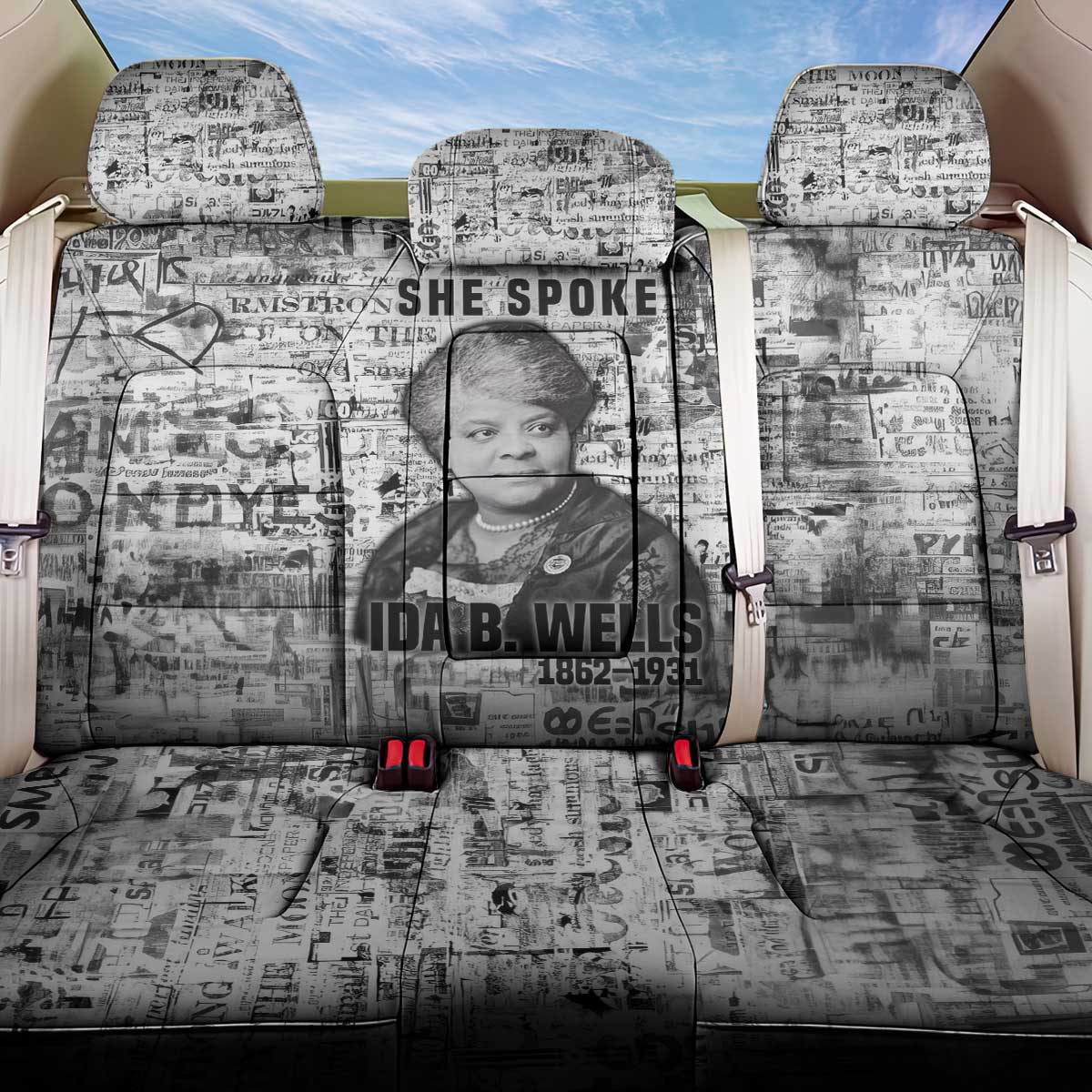 Ida B. Wells Back Car Seat Cover with Newspaper Collage Design Powerful Portrait Civil Rights and Free Press Tribute - Wonder Print Shop