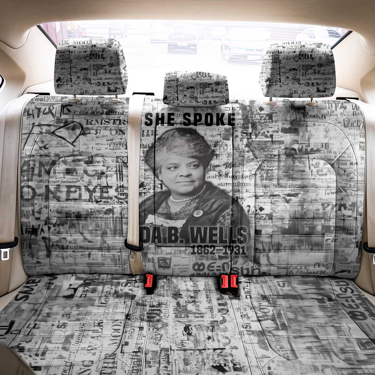 Ida B. Wells Back Car Seat Cover with Newspaper Collage Design Powerful Portrait Civil Rights and Free Press Tribute - Wonder Print Shop