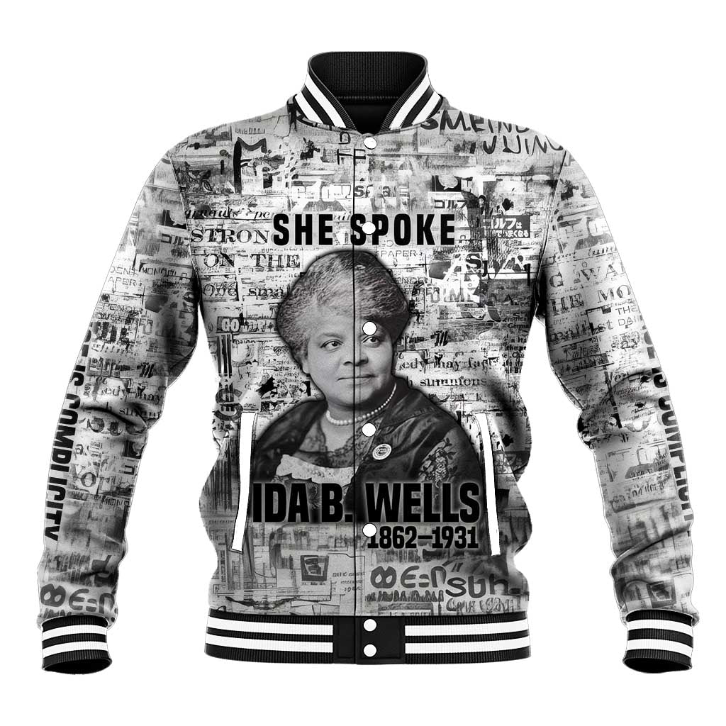 Ida B. Wells Baseball Jacket with Newspaper Collage Design Powerful Portrait Civil Rights and Free Press Tribute - Wonder Print Shop