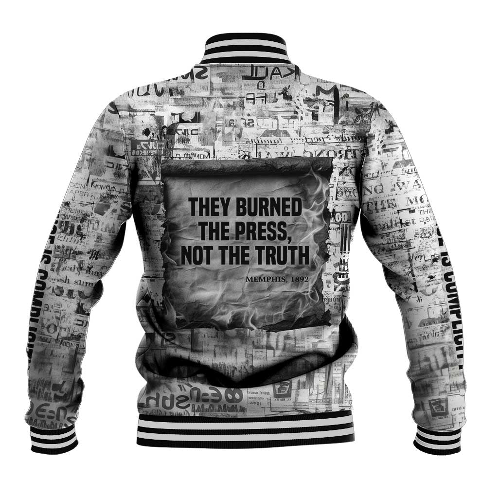 Ida B. Wells Baseball Jacket with Newspaper Collage Design Powerful Portrait Civil Rights and Free Press Tribute - Wonder Print Shop