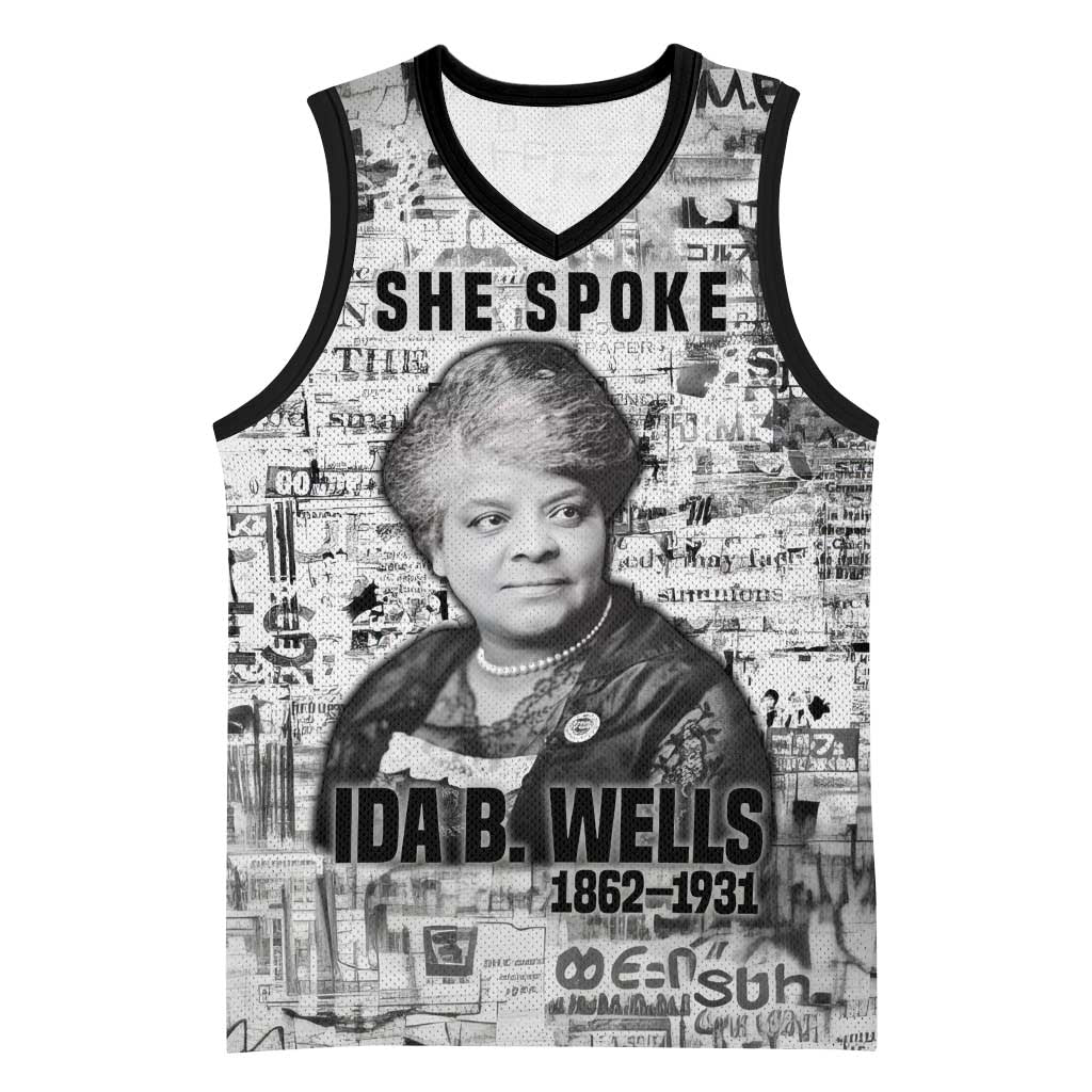 Ida B. Wells Basketball Jersey with Newspaper Collage Design Powerful Portrait Civil Rights and Free Press Tribute - Wonder Print Shop