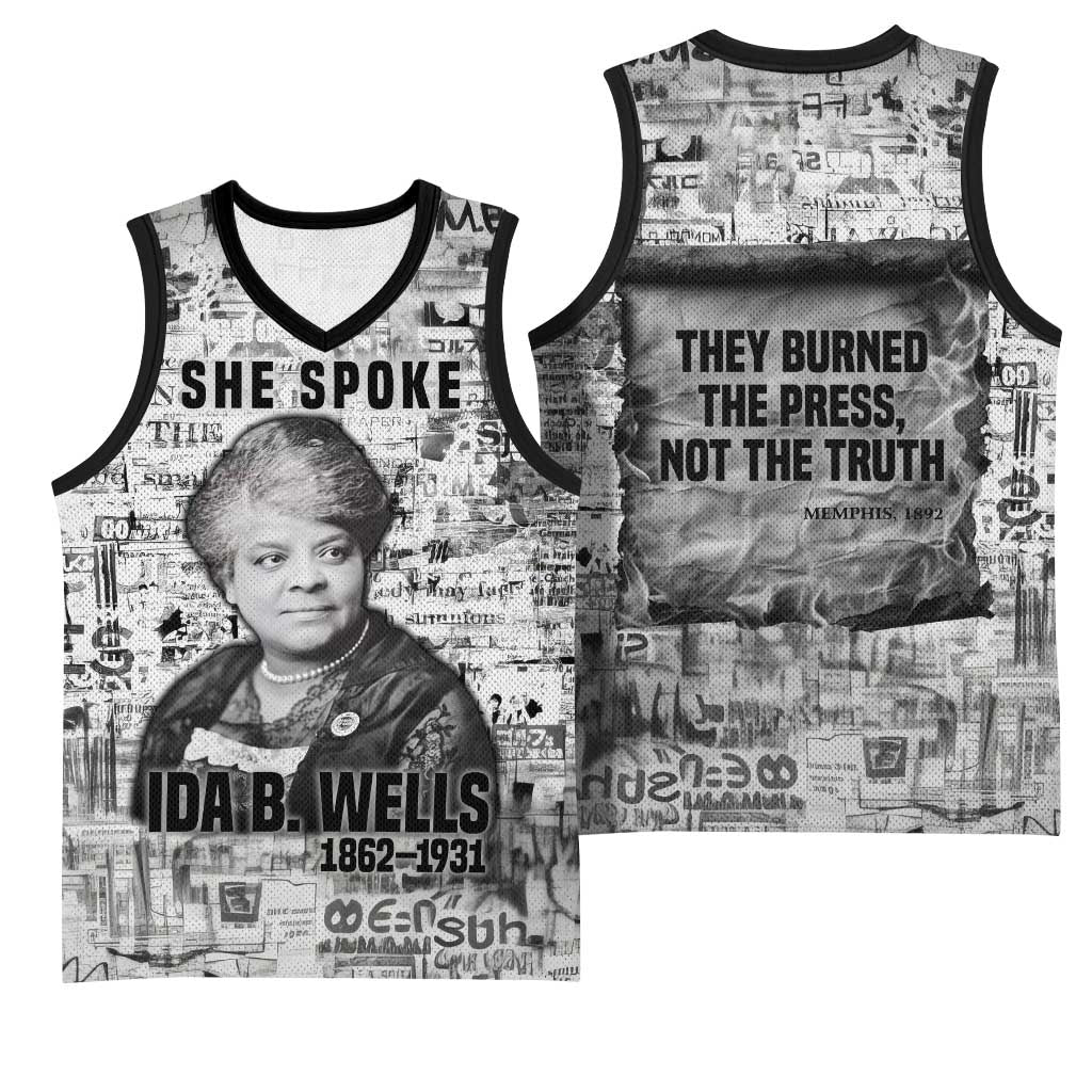 Ida B. Wells Basketball Jersey with Newspaper Collage Design Powerful Portrait Civil Rights and Free Press Tribute - Wonder Print Shop