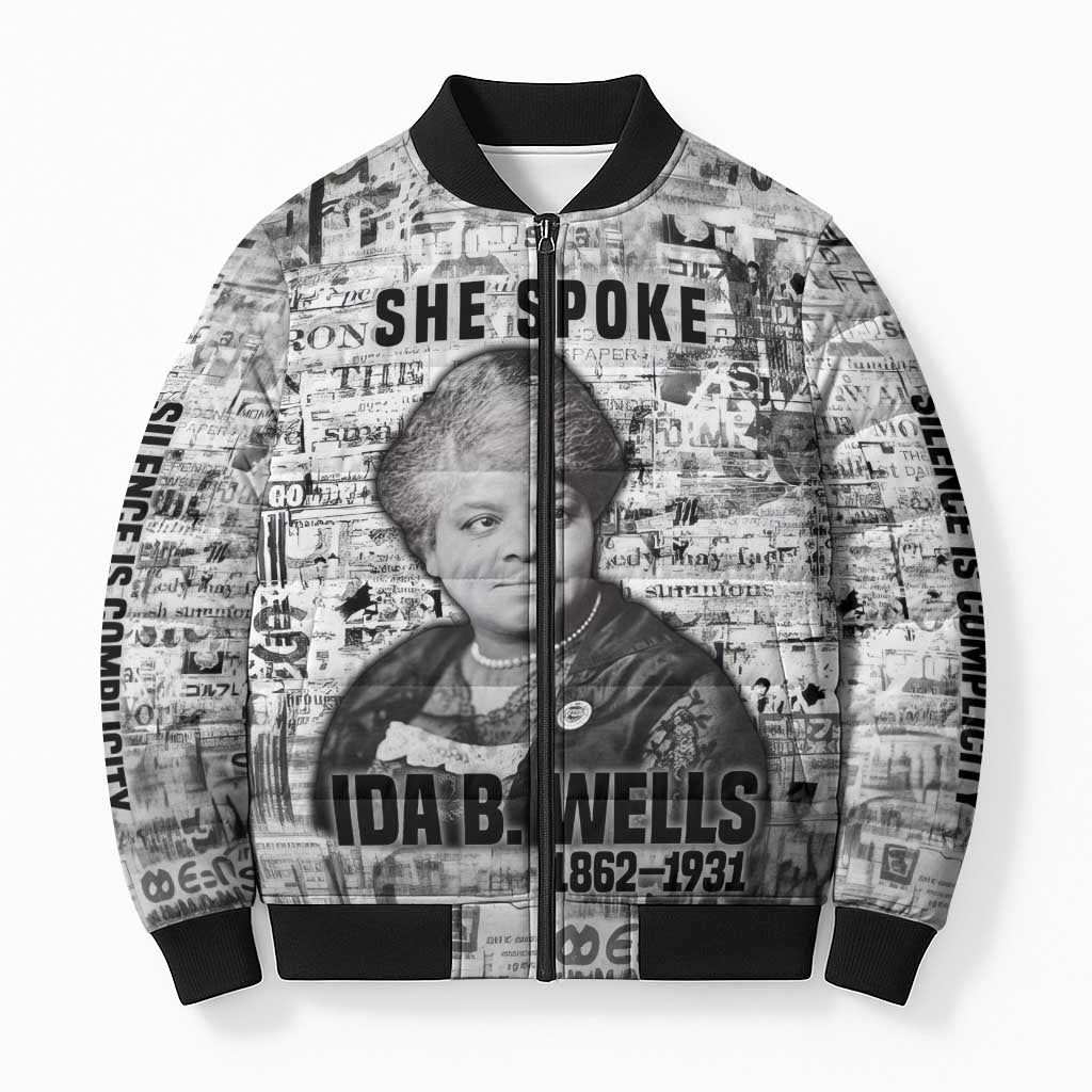 Ida B. Wells Bomber Puffer Jacket with Newspaper Collage Design Powerful Portrait Civil Rights and Free Press Tribute - Wonder Print Shop