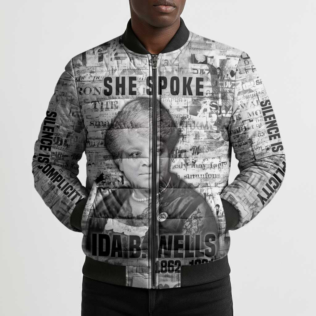 Ida B. Wells Bomber Puffer Jacket with Newspaper Collage Design Powerful Portrait Civil Rights and Free Press Tribute - Wonder Print Shop
