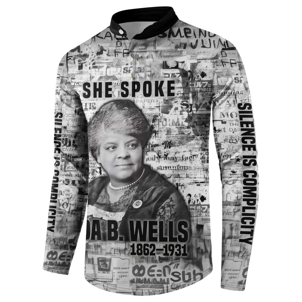 Ida B. Wells Button Sweatshirt with Newspaper Collage Design Powerful Portrait Civil Rights and Free Press Tribute