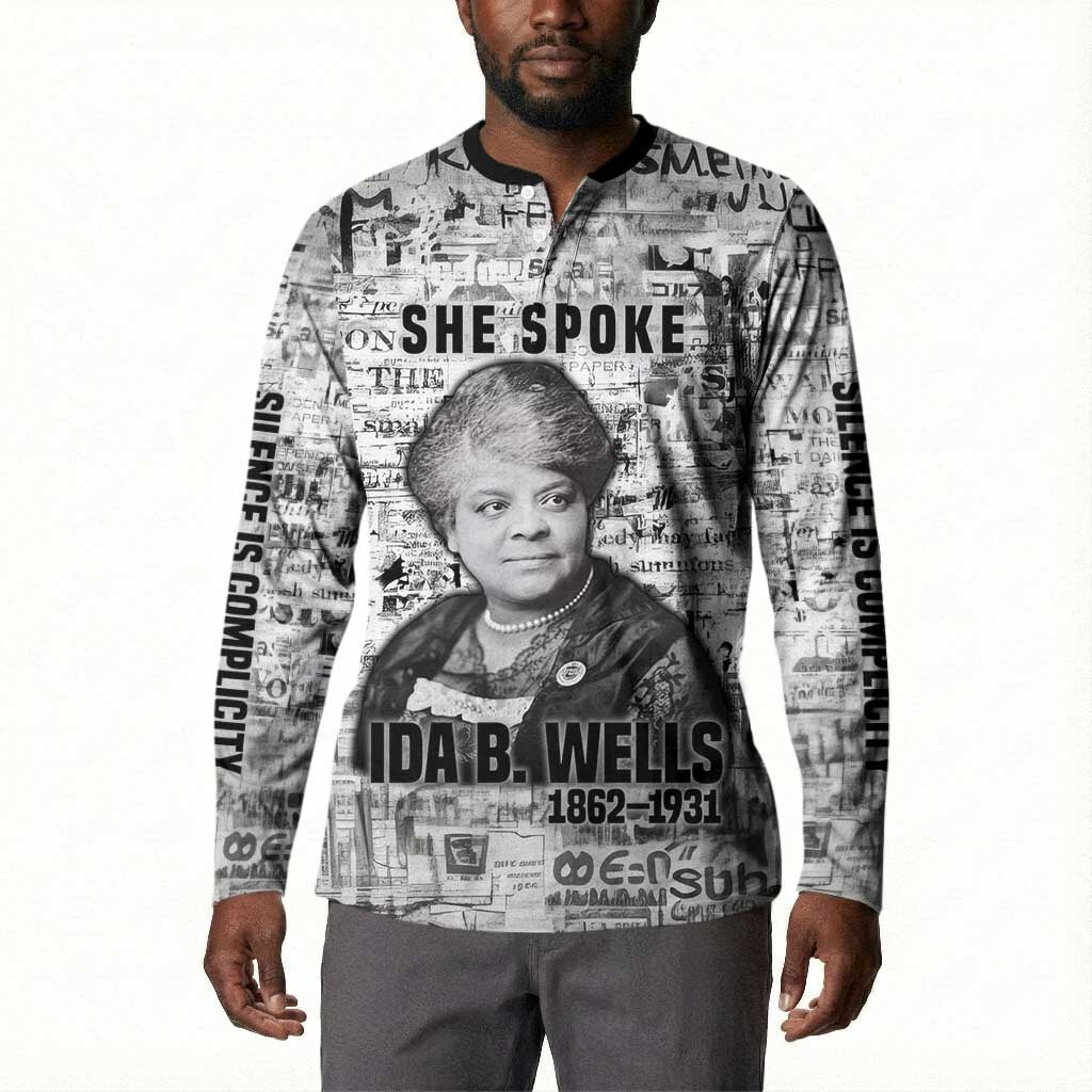 Ida B. Wells Button Sweatshirt with Newspaper Collage Design Powerful Portrait Civil Rights and Free Press Tribute