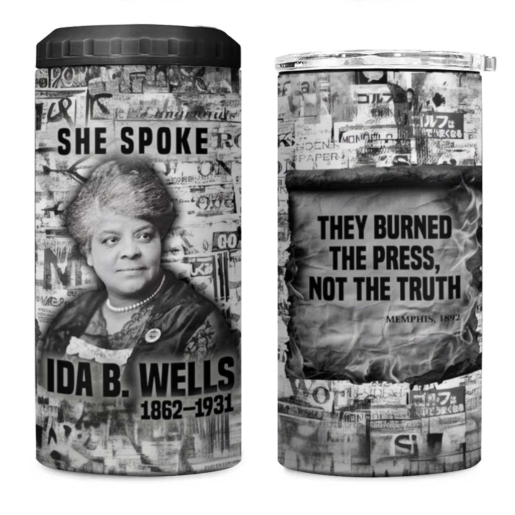 Ida B. Wells 4 in 1 Can Cooler Tumbler with Newspaper Collage Design Powerful Portrait Civil Rights and Free Press Tribute - Wonder Print Shop