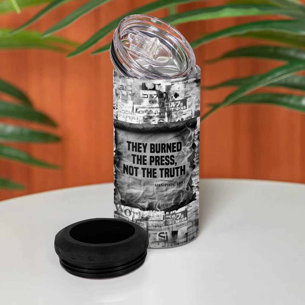 Ida B. Wells 4 in 1 Can Cooler Tumbler with Newspaper Collage Design Powerful Portrait Civil Rights and Free Press Tribute - Wonder Print Shop