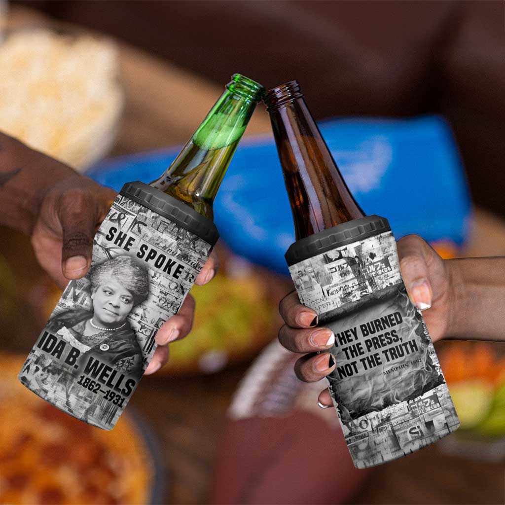 Ida B. Wells 4 in 1 Can Cooler Tumbler with Newspaper Collage Design Powerful Portrait Civil Rights and Free Press Tribute - Wonder Print Shop