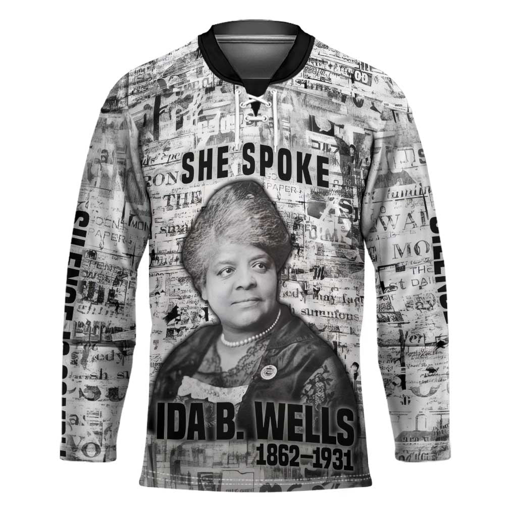Ida B. Wells Hockey Jersey with Newspaper Collage Design Powerful Portrait Civil Rights and Free Press Tribute - Wonder Print Shop