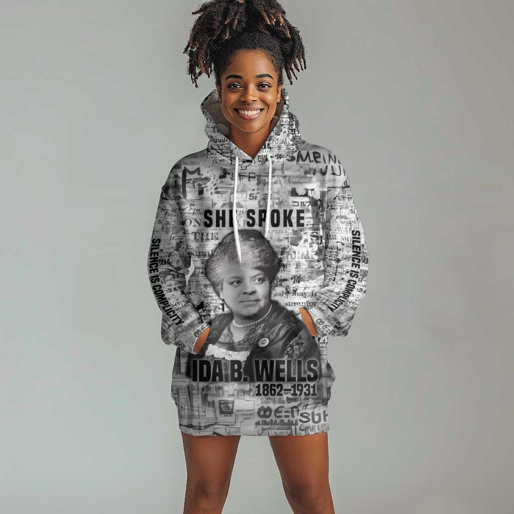 Ida B. Wells Hoodie Dress with Newspaper Collage Design Powerful Portrait Civil Rights and Free Press Tribute - Wonder Print Shop