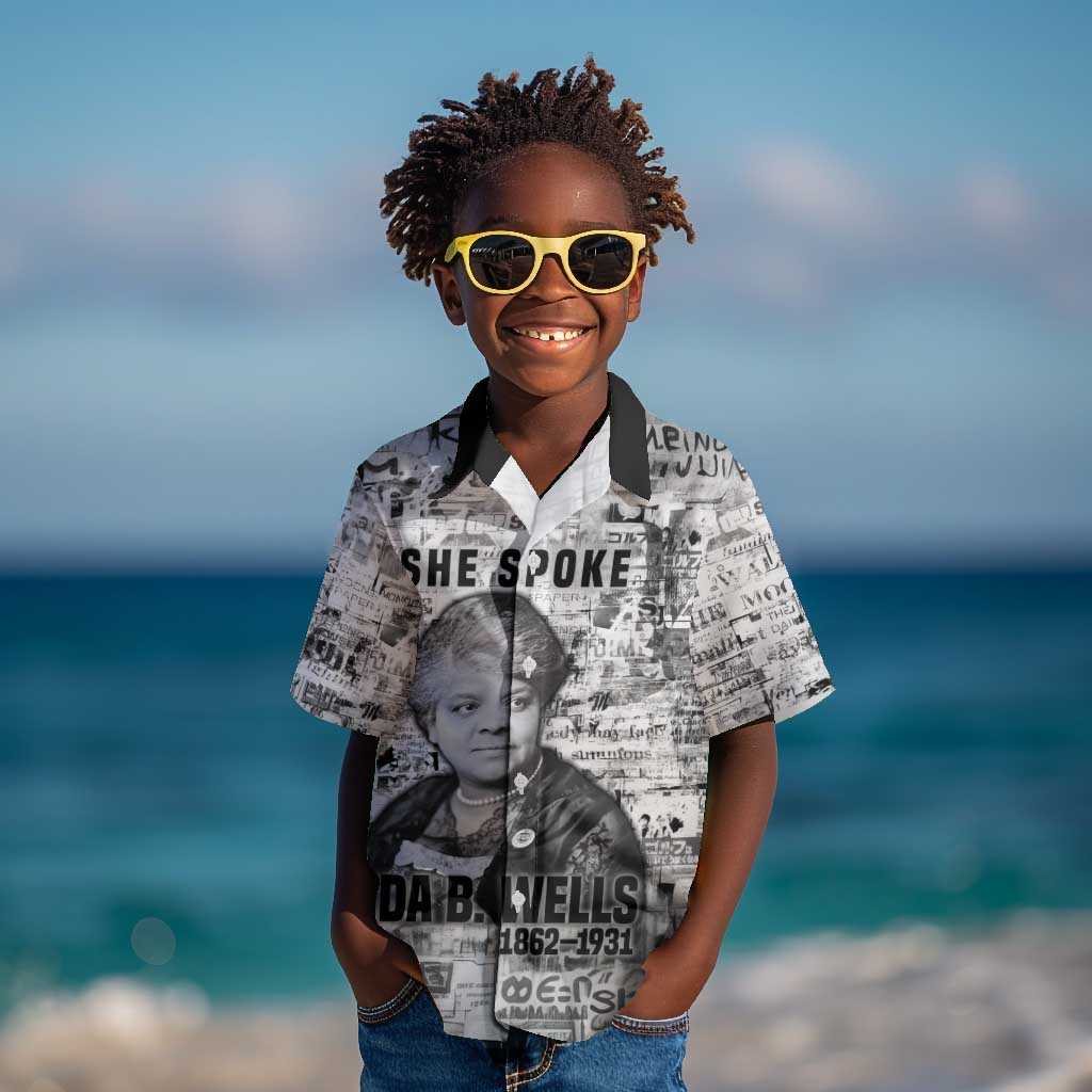 Ida B. Wells Kid Hawaiian Shirt with Newspaper Collage Design Powerful Portrait Civil Rights and Free Press Tribute - Wonder Print Shop