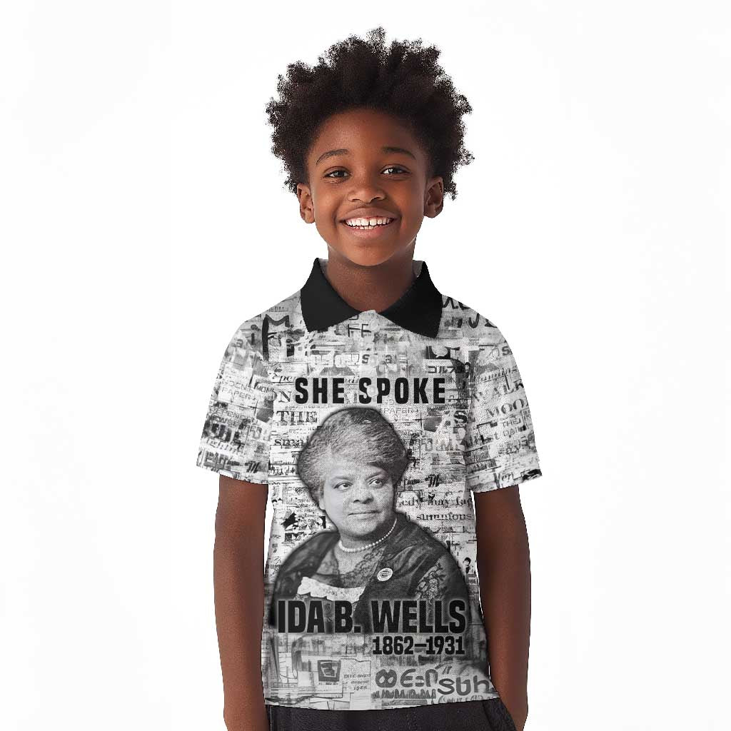 Ida B. Wells Kid Polo Shirt with Newspaper Collage Design Powerful Portrait Civil Rights and Free Press Tribute - Wonder Print Shop