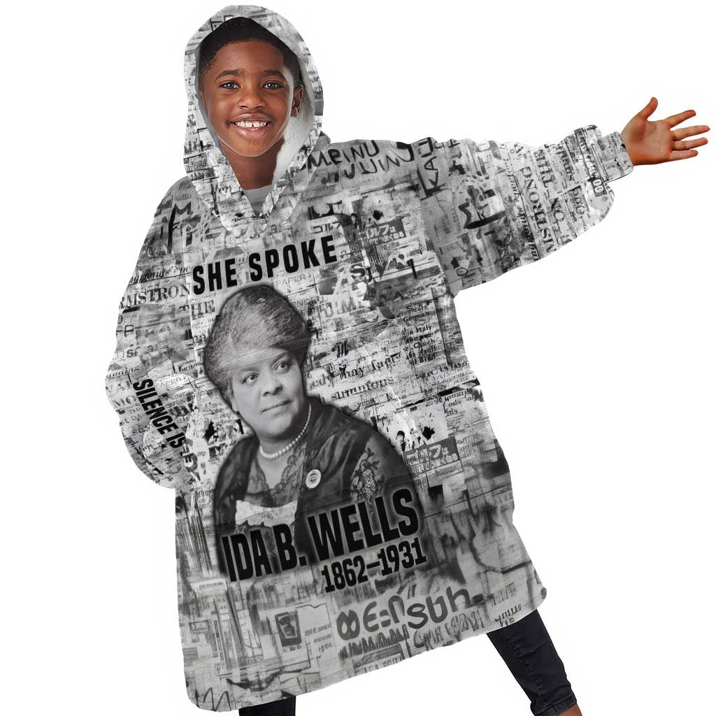 Ida B. Wells Kid Wearable Blanket Hoodie with Newspaper Collage Design Powerful Portrait Civil Rights and Free Press Tribute - Wonder Print Shop