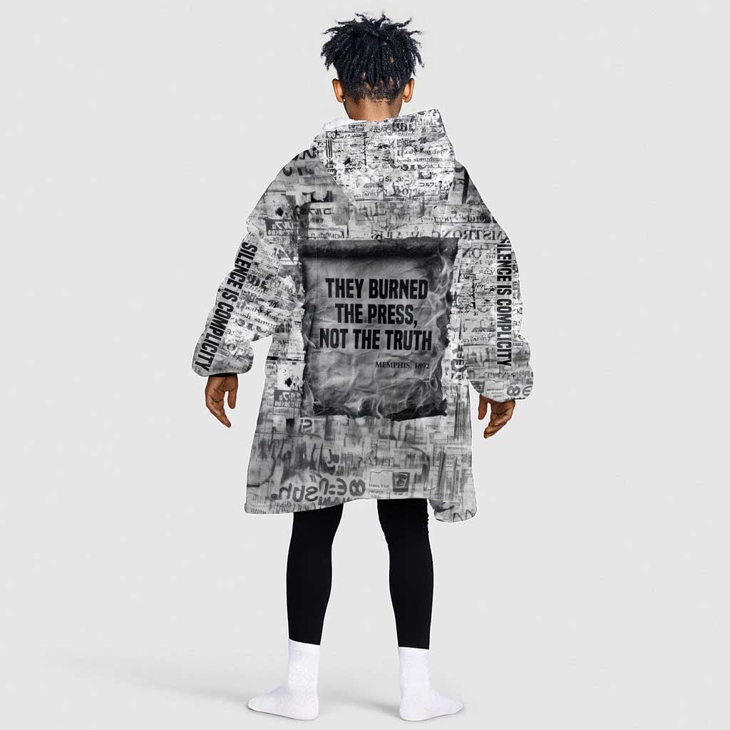 Ida B. Wells Kid Wearable Blanket Hoodie with Newspaper Collage Design Powerful Portrait Civil Rights and Free Press Tribute - Wonder Print Shop