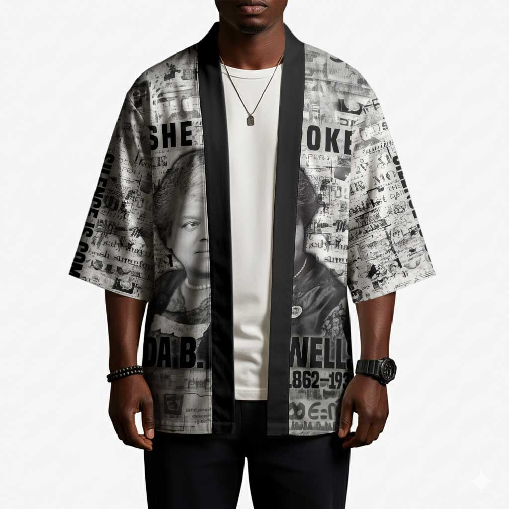 Ida B. Wells Kimono with Newspaper Collage Design Powerful Portrait Civil Rights and Free Press Tribute - Wonder Print Shop