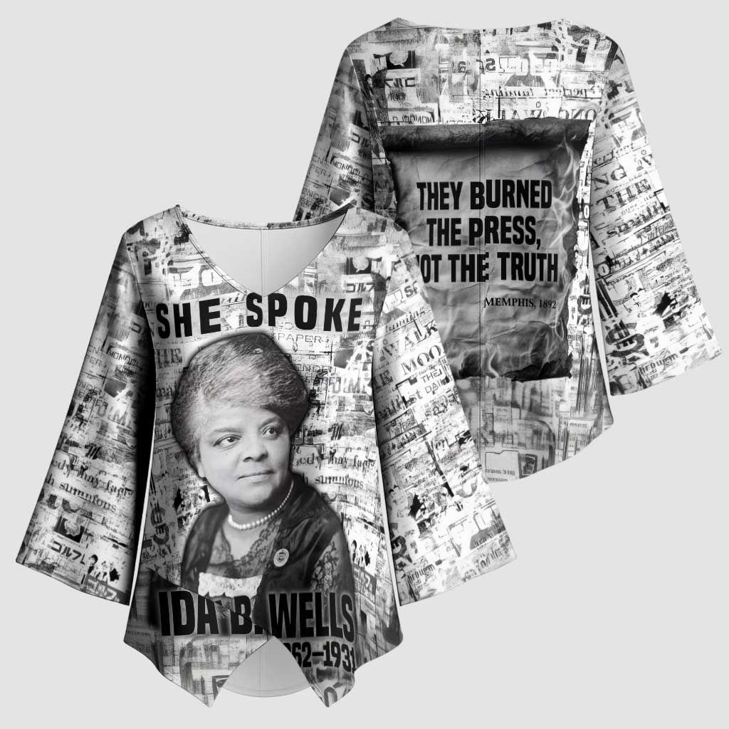 Ida B. Wells Kimono Sleeve Blouse with Newspaper Collage Design Powerful Portrait Civil Rights and Free Press Tribute - Wonder Print Shop