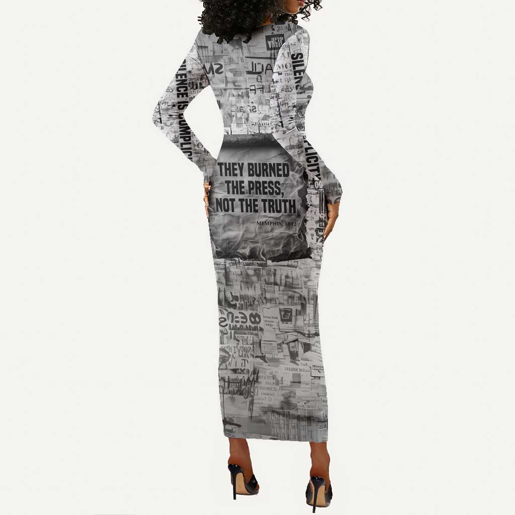 Ida B. Wells Long Sleeve Bodycon Dress with Newspaper Collage Design Powerful Portrait Civil Rights and Free Press Tribute - Wonder Print Shop