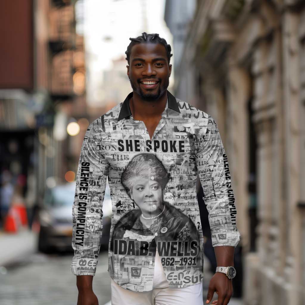 Ida B. Wells Long Sleeve Button Shirt with Newspaper Collage Design Powerful Portrait Civil Rights and Free Press Tribute - Wonder Print Shop