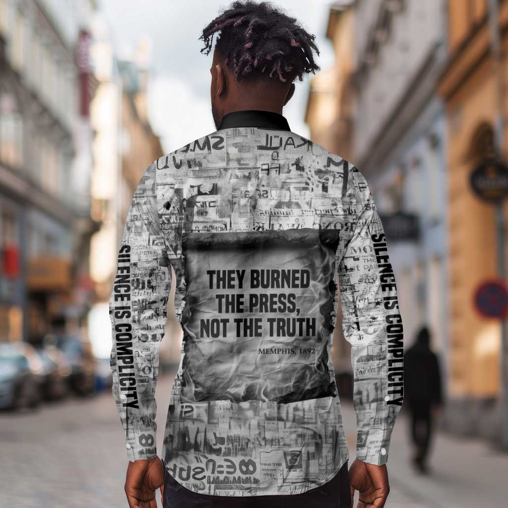 Ida B. Wells Long Sleeve Button Shirt with Newspaper Collage Design Powerful Portrait Civil Rights and Free Press Tribute - Wonder Print Shop