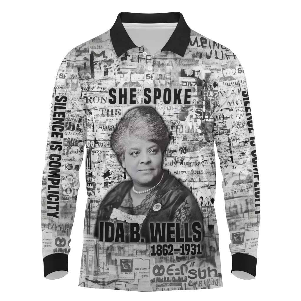 Ida B. Wells Long Sleeve Polo Shirt with Newspaper Collage Design Powerful Portrait Civil Rights and Free Press Tribute - Wonder Print Shop
