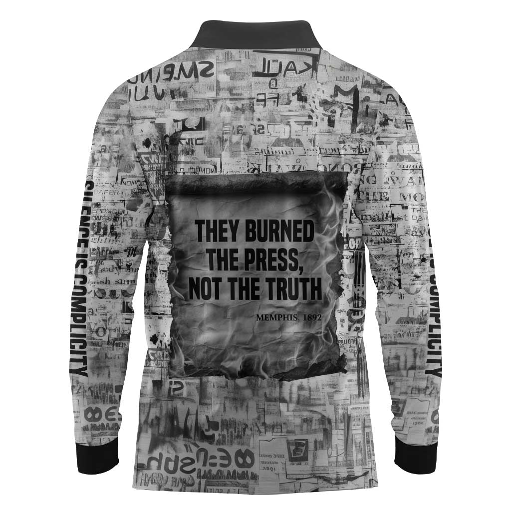 Ida B. Wells Long Sleeve Polo Shirt with Newspaper Collage Design Powerful Portrait Civil Rights and Free Press Tribute - Wonder Print Shop