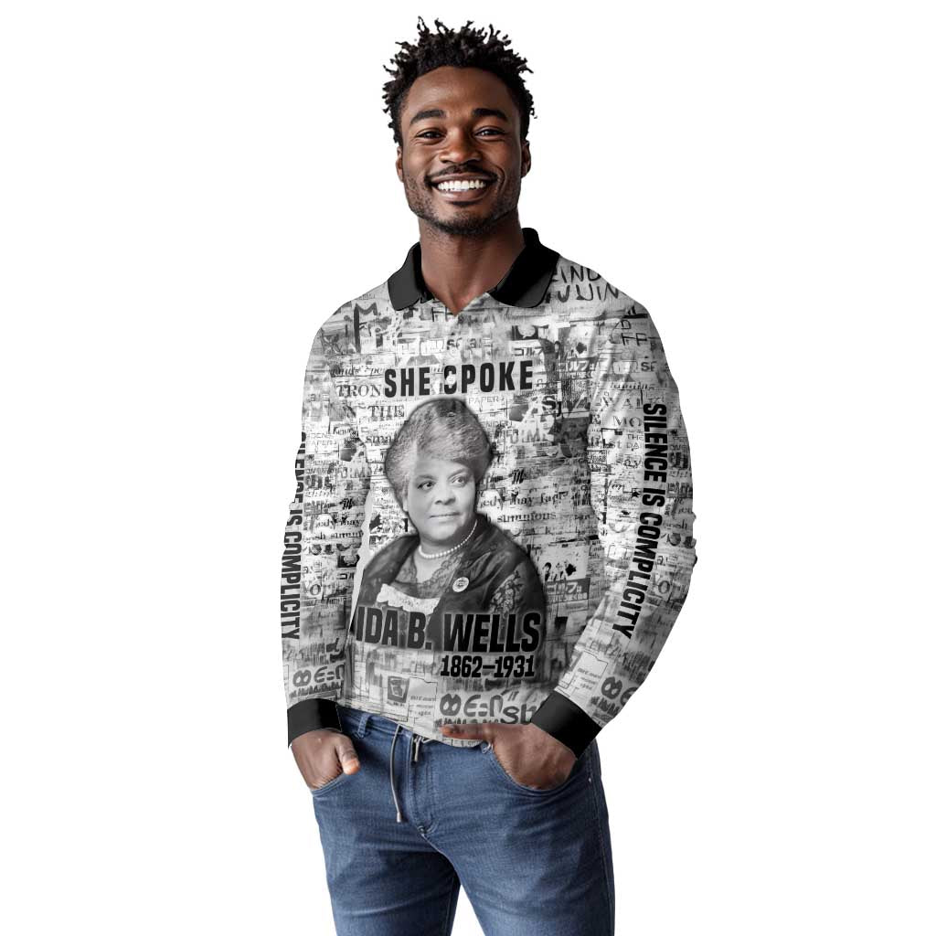 Ida B. Wells Long Sleeve Polo Shirt with Newspaper Collage Design Powerful Portrait Civil Rights and Free Press Tribute - Wonder Print Shop