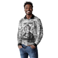 Ida B. Wells Long Sleeve Polo Shirt with Newspaper Collage Design Powerful Portrait Civil Rights and Free Press Tribute - Wonder Print Shop